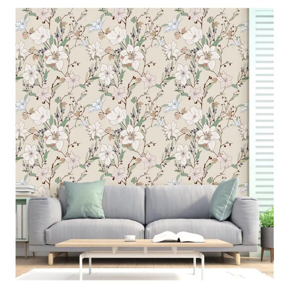 New Beige Peel Stick Wallpaper Boho Floral Lot Of 6 Rolls Botanical Cottage - Picture 7 of 12